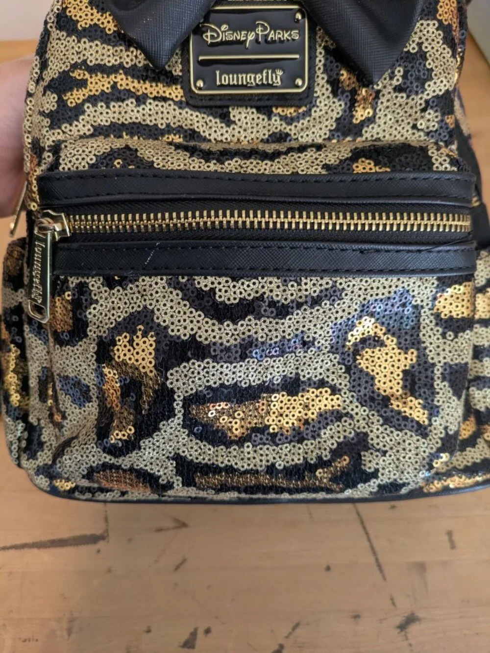 Sequined Animal Kingdom Black Gold Disney Loungefly Backpack w Bow EUC